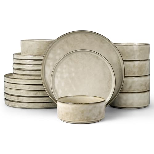 LIANYU 18 Piece Dinnerware Dish Set for 6, Stoneware Plates and Bowls, Ceramic Dinner Tableware Sets Includes Dinner Salad Plates, Cereal Bowls, Chip & Scratch Resistant, Sandy Beige