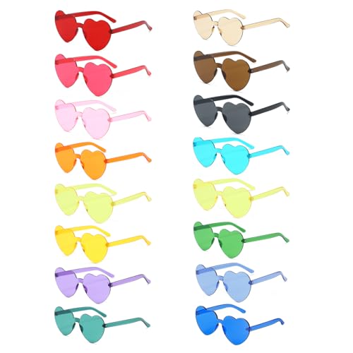 Hiuyavy Party Glasses, 16 PCS Heart Shaped Sunglasses, Rimless Sunglasses Festival & Retro Styles Hippie Sunglasses for Men & Women - Masquerade Party Decoration(16 Colors)