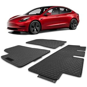 Spurtar for Tesla Model 3 Floor Mats 2017-2026, Automotive Rubber Floor Mat | Car Floor Mats with 3D Extended Edge, Honeycomb Design, Front & Rear All-Weather Protector, 3 Pack Black, Anti-Slip Backing