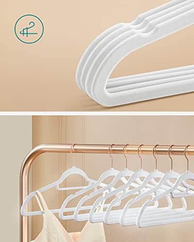 SONGMICS Velvet Hangers, Set of 30 Coat Hangers for Clothes, Non-Slip, with Tie Bar and Rose Gold Hook, Space-Saving, 0.6 cm Thick, 43.5 cm Long, for Dresses Trousers, White CRF021W01