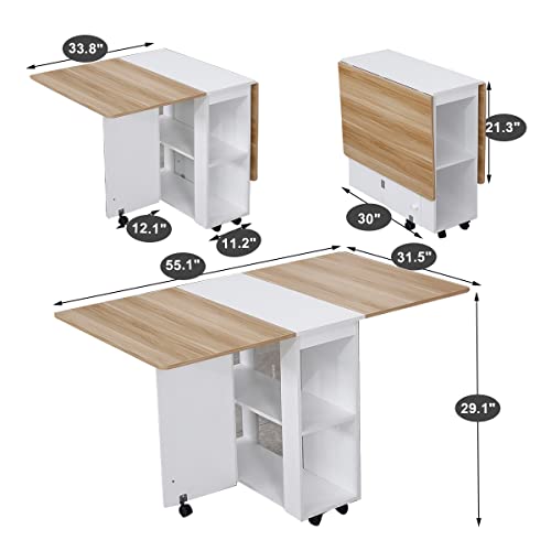 Vanspace Folding Dining Table And Chairs Set For 4 Drop Leaf Kitchen Table For Small Spaces With 2 Tier Storage Racks Multifunction Space Saving Table Extension Dinner Table Wood And White #TOP1