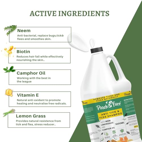Image of POOCH & FURR (1000 ML) Natural Neem Anti Tick and Flea Dog Shampoo | with Neem, Lemongrass and Camphor Oil | Paraben Free, PH Balanced and Cruelty Free (1000 ML)