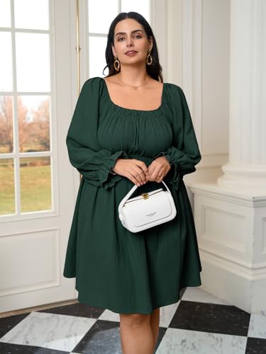 Plus Size Mini Dress for Curvy Women Long Sleeve Square Neck Elastic Waist A Line Textured Casual Short Fall Dresses3