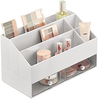 mDesign Cosmetic Organiser  Makeup Organiser with 5 Compartments and 2 Drawers  for Beauty Product and Makeup Storage  Light Grey/Clear