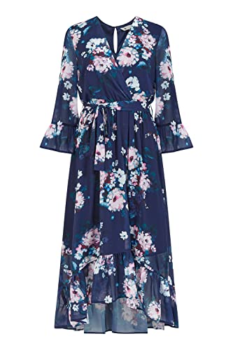 Yumi Navy Watercolour Floral Dip Hem Midi Dress 8 Navy