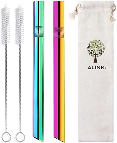 [Pointed Design] 2-Pack Boba Straws Stainless Steel Straws, 1/2" Wide Colored Reusable Metal Smoothie Straws for Bubble Tea/Tapioca Pearl, 2 Straws + 2 Cleaning Brush + 1 Case