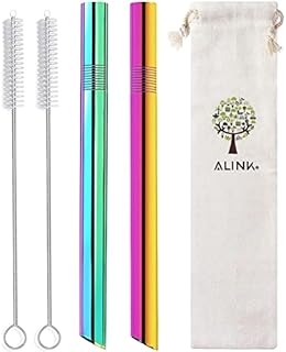 [Pointed Design] 2-Pack Boba Straws Stainless Steel Straws, 1/2" Wide Colored Reusable Metal Smoothie Straws for Bubble Tea/Tapioca Pearl, 2 Straws + 2 Cleaning Brush + 1 Case