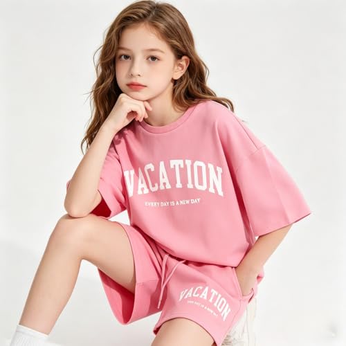 Image of Size 6-12 Years Girl's Tracksuit Sets 2 Piece Outfits Letter Print Vacation Tee Top and Drawstring Waist Shorts