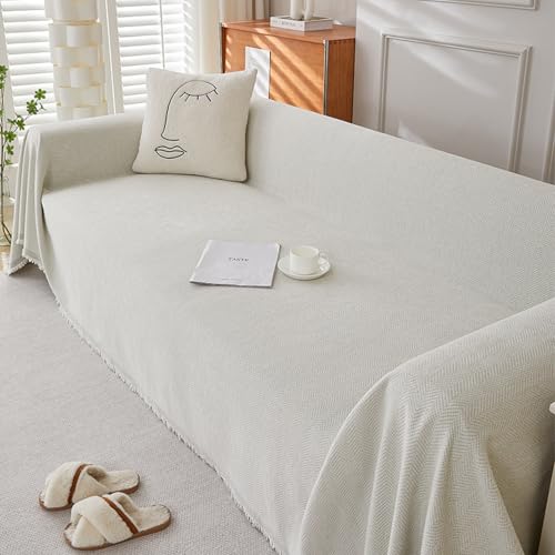 Wazylphin Plaid Sofa Blanca Marfil Colcha Manta Sofa Verano Poliéster Plaid Cama Duradero Cubre Colcha Multiusos para Sofas Lavable Funda Sofá Engrosar con Flecos 130x180cm