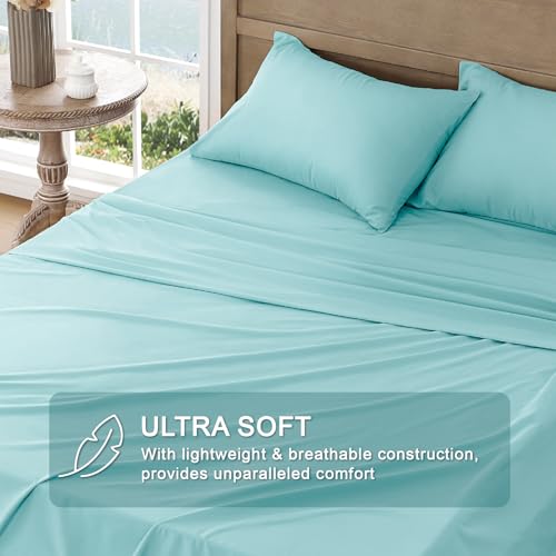 Image of FreshCulture Full Sheet Set - Ultra Soft Sheets Full Size Bed - Brushed Microfiber - Deep Pockets - Easy Care - Cooling & Breathable Sheets - 4 Pieces Hotel Luxury Full Size Bed Sheets (Spa Blue)