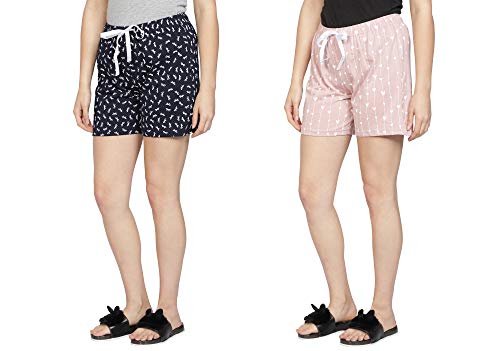Image of Club A9 Women's Regular Fit Cotton Printed Shorts (Navy Blue, Light Pink)
