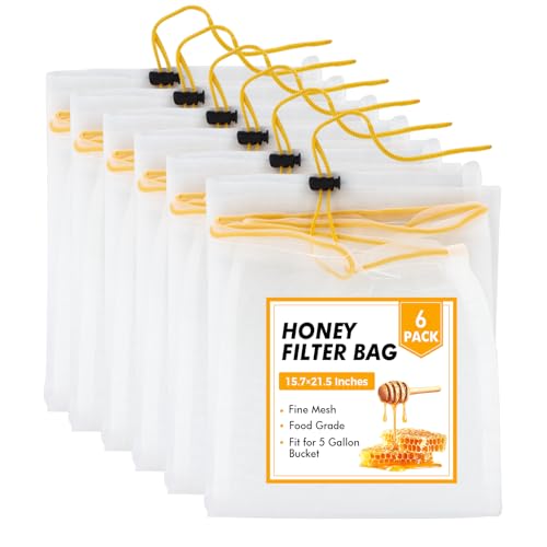 BEEKNOWS 6 Pcs Honey Filter Bag,Ultra-Fine Food Grade Mesh Nylon Strainer with Adjustable Drawstring,5 Gallon Bucket Honey Extraction,Honey Strainer Reusable and Washable