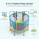 PILIN Trampolina dziecięca, wielofunkcyjna trampolina 4 w 1, zawiera huśtawki, bary, obręcze, obręcze do koszykówki, tarcze do rzutek, nośność 50 kg, do użytku wewnątrz i na zewnątrz