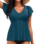 Aqua Eve Tankini Tops for Women Swimwear Ruffle Sleeve Swim Top Flowy Swimsuit Bathing Suit Top No Bottom, Blue Green, Medium