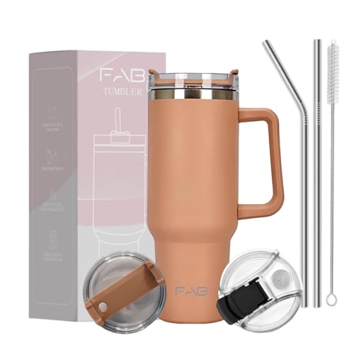 FAB | 40oz Tumbler with Straw, 2Lids and Handle | Stainless Steel Insulated Cup for Hot & Cold Drinks | Double Wall Travel Flask | Iced Coffee Mug| Beige