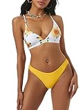 ZAFUL Women's Sexy Triangle Bikini Set Floral Print Spaghetti Strap 2 Piece Swimsuit Crisscross High Cut Bathing Suit Yellow S