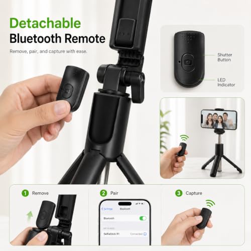 Image of UNBREAKcable 3-in-1 Bluetooth Selfie Stick Tripod with Wireless Remote Bluetooth Selfie Stick (Black, Remote Included) R1