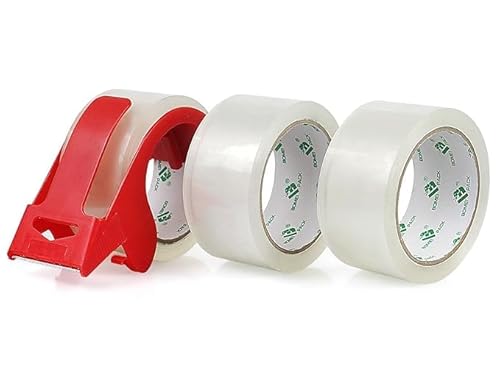 BOMEI PACK 3 Rolls No Bubble Clear Secure Sticky Box Tape with 1 Dispenser,Heavy Duty Sealing Tape for Moving boxes Packing,48mic x 48mm x 66m
