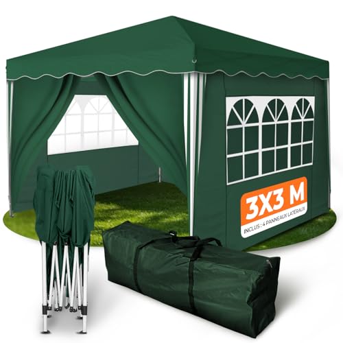 Kronenburg Tonnelle Pliante Étanche 3x3 m – Pavillon de Jardin Vert avec 4 Parois Latérales, Protection UV 50+