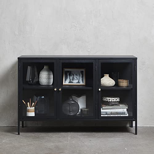 Modern Steel Dover 3-Section Sideboard Glass Door Display Cabinet With 4 Shelves, Adjustable Feet, Freestanding, Bookcases & Shelves For Home Office, Living Room, 15.75 X 52 X 33.5 In., Black/Gold #TOP9