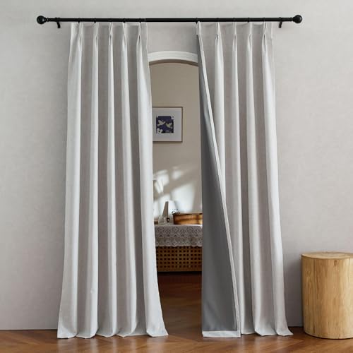 NICETOWN Thick Natural Linen 100% Blackout Curtains for Bedroom 2 Panels, W34 x L84 Pinch Pleated Linen Blend Window Treatments Washable Drapes Sound