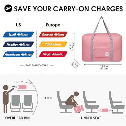 Cabin Bag 45x36x20 for Easyjet Airlines Underseat Travel Bag Holdall Bag Carry on Hand Luggage Weekend Bag for Women and Men, F.-mint Green+pink