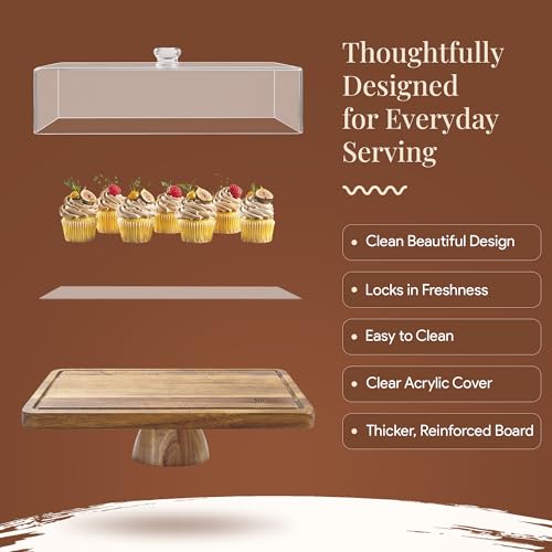 Image of HOMESPHERE Acacia Wood Cake Stand with Lid, 2-in-1 Charcuterie Board, 17x13