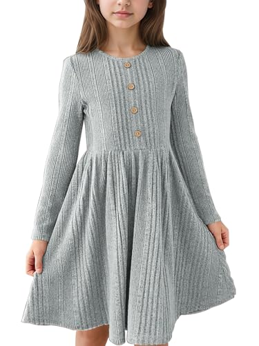 GORLYA Girls Long Sleeve Casual A-line Sweater Rib Knit Button Party Dress with Pockets 6-16Y
