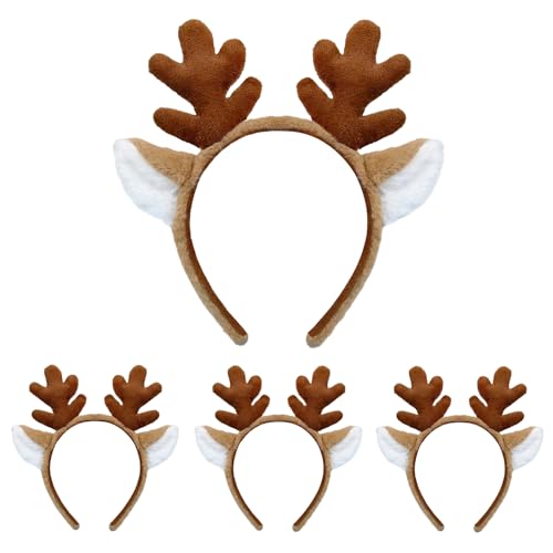 Beviliu Deer Antler headband 4Pack - Animal Ears Realistic Fluffy Reindeer Antlers Party Cosplay for Christmas Costume Washing Makeup Unisex