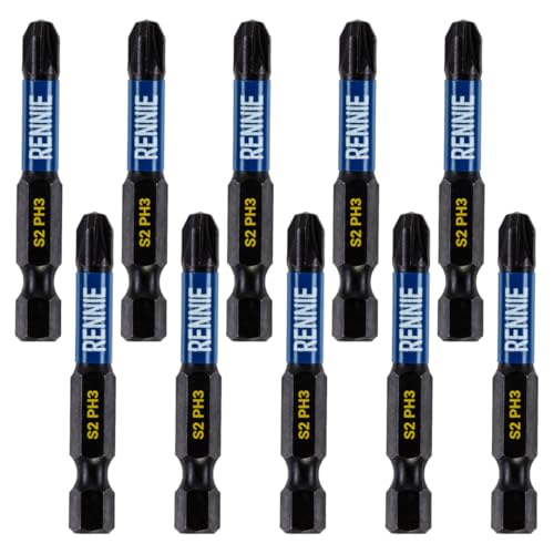 10 x Rennie Tools 50mm Long PH3 Impact Screwdriver Driver Bits Set. Magnetic Phillips No.3 Heavy Duty Impact Driver Bit Set. Long PH3 Bits. Hex Shank. Cross Head