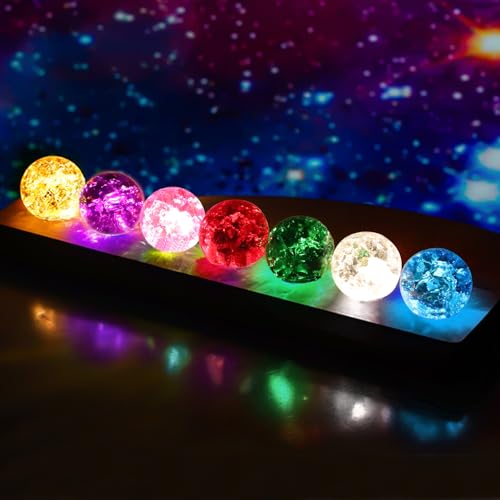 Lot de 7 Boules de Cristal en Verre Colorées avec Lampe LED, Sphères de Guérison Chakra Naturelles avec Base en Bois, Boules de Verre Veilleuse pour Cadeau...
