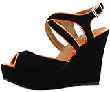 Neu Ankunft TOP Moda Mary Jane Damen Pumps mit rundem Zehenbereich, plissiert, Keilabsatz, schwarz, 38 EU