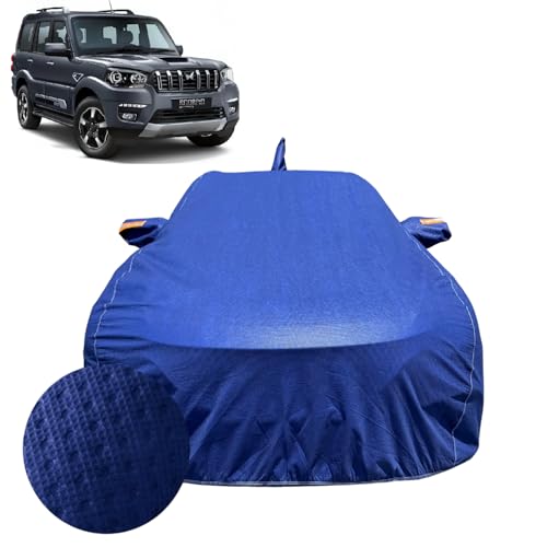 Image of Car Cover for Mahindra Scorpio Classic (2022-2026) | 100% Waterproof Cover with Antenna & Reflective Mirror Pockets | Dustproof, Scratchproof, Heatproof Car Cover |Soft Cotton Lining| Blue