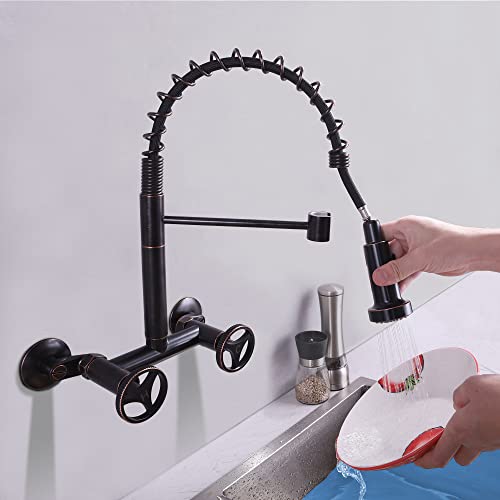 Dolgaba 2 Hole Wall Mount Kitchen Faucet With Sprayer Dual Handle Commercial Style Spring Sink Faucet, Orb Finished #TOP3