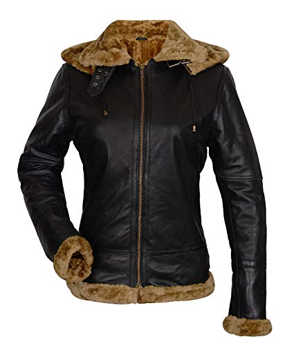 Women,s B3 Shearling Bomber Jacket - Real Sheepskin Brown Leather Aviator Pilot Jacket, Winter Removable Hoodie