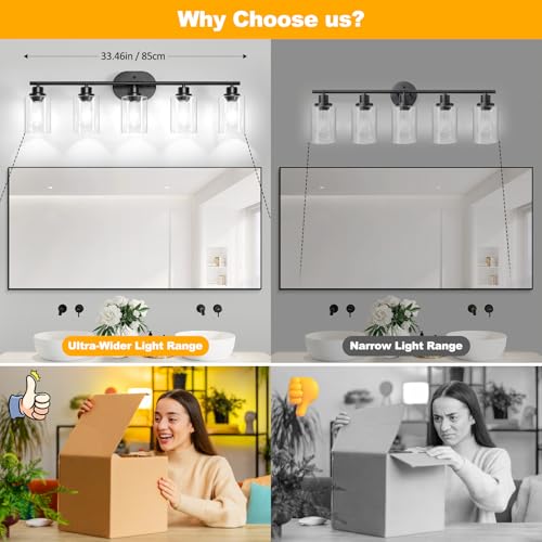 Image of Unicozin 5 Light Bathroom Light Fixtures,33.5 Inch Vanity Lights for Bathroom, Lacquered Black Wall Lamp with Clear Glass for Mirror, Living Room, Hallway, Cabinet, E26 Base