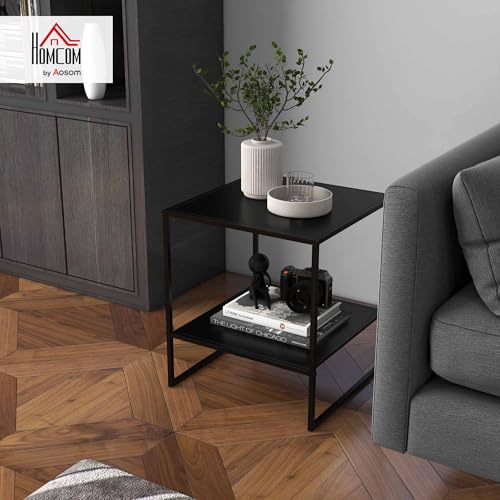 Table basse carrée acier noir avec étagère, HOMCOM