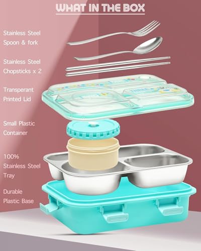 Image of Brand Conquer Lunch Box 3 Compartment Leak-Proof BPA Free Stainless Steel for School, Lunch Box for School & Office with a Fork, a Spoon and a Pair of Chopsticks (Classic Blue, Happiness Kawaii)