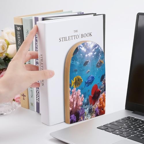 Sujetalibros de madera de océano antideslizantes de metal organizador grande para estanterías 7
