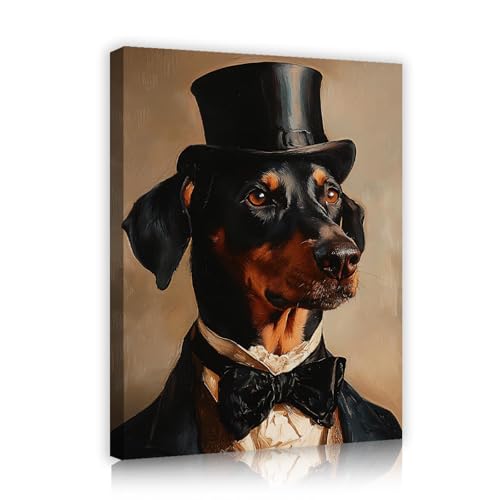 UIRINGART Gentleman Dog Canvas Wall Art Retrato perro vintage con sombrero copa negro y traje Pintura Póster para sala estar Decoración pared estudio 60x80cm Marco interior