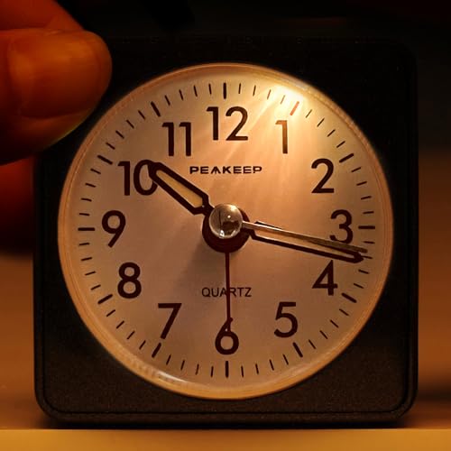 Image of Peakeep Ultra Small, Battery Travel Alarm Clock with Snooze and Light | Silent No Ticking Analog Quartz Clock (Black)
