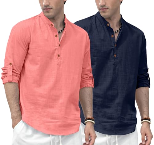 Image of Zombom Men's Combo Cotton Polyester Blend Solid Full Sleeve Straight Regular Fit Mandarin /Chinese Collor Kurta (Pack of 2)