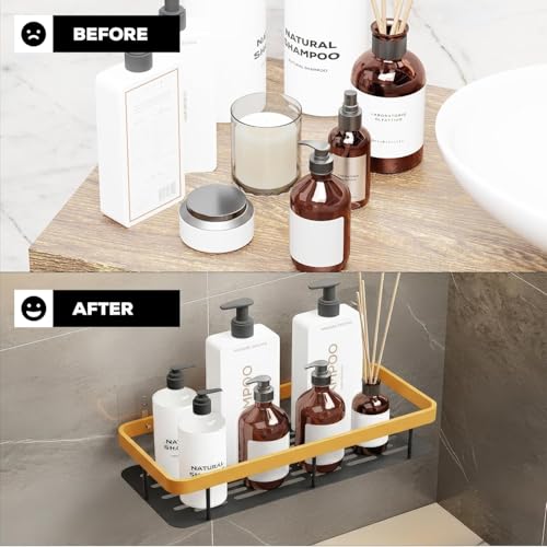 Image of amazon basics 2 Pack Self Adhesive Bathroom Shelf for Wall, Bathroom Organiser Without Drill, Kitchen Sink Organiser, Rust Resistant Wall Mounted Bathroom Rack for Shampoo, Soap & Toiletries, Black