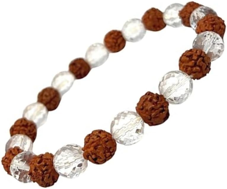 Natural Healing Crystal combination of 8mm Beads Triple Protection Money Magnet Amethyst Clear Quartz (Clear + Rudraksh Bracelet)