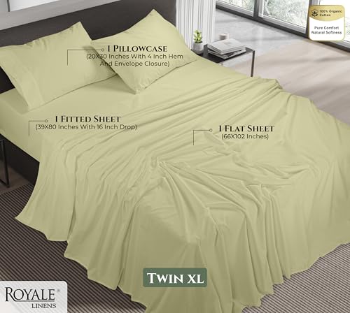 Image of Royale Linens 100% Organic Cotton Twin XL Sheet Set - 16 inch Deep Pocket Bed Sheets - Sage Green Bed Sheets - Sabanas Twin XL - 1 Flat 1 Fitted & 1 Pillowcase - Sage Green Sheet Set - Cotton Bedding Sets