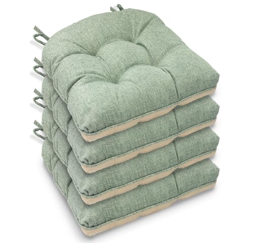 Casabella Chair pads - Dining Chairs Cushion - 4 Pc Cushions 45x45+8cm Non Slip Backing Chairpads - Tufted Seat pads With Ties - Durable & Soft Cushions for Kitchen Garden - Sage