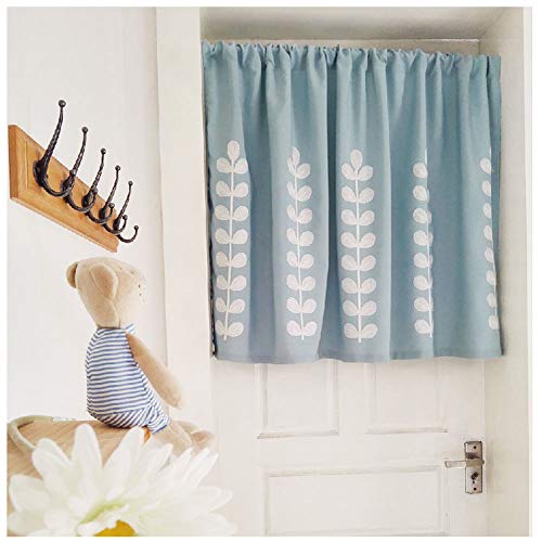 F-XW Demi Rideau Petits Rideaux pour la Cuisine Cantonnières de Douche Bleu Polyester Coton Rideaux de Traitement de Demi-fenêtre Rideaux de Broderie de Feuilles Cover