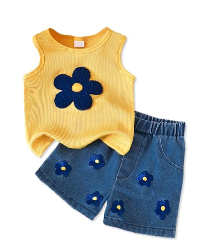 Doresbebe 2-3T Toddler Girl Clothes Baby Summer Outfits Cute Set Yellow Color Sleeveless Vest T-shirt Top Adorable Floral Embroidery Denim Fashion Jeans Shorts Set for Little Girls Spring Cusual Set