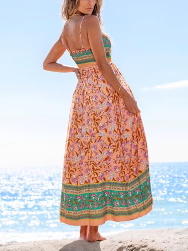 Image of CUPSHE Women Spaghetti Straps Boho Maxi Dress Summer Sleeveless Smocked Floral Beach Long Dress Flowy Cruise Vacation Outfits