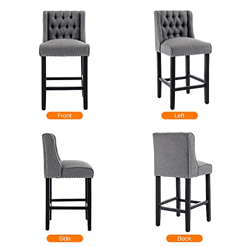 Kcc Counter Height Bar Stools Set Of 2, Upholstered Back Tufted Cloth Bar Chairs With Solid Wood Legs For Home Kitchen, Gray #TOP5